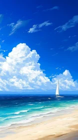 Vertical seascape illustration renders yacht against cumulus sky