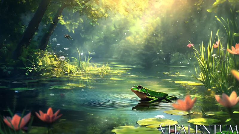 Sunlit forest pond habitat with green frog and hovering insect