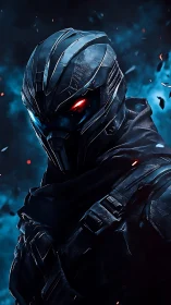 Cybernetic vigilante in dual-glow visor amid embers.