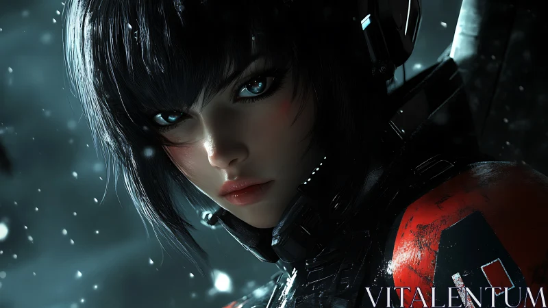 Cybernetic pilot portrait under falling snowstorm light.