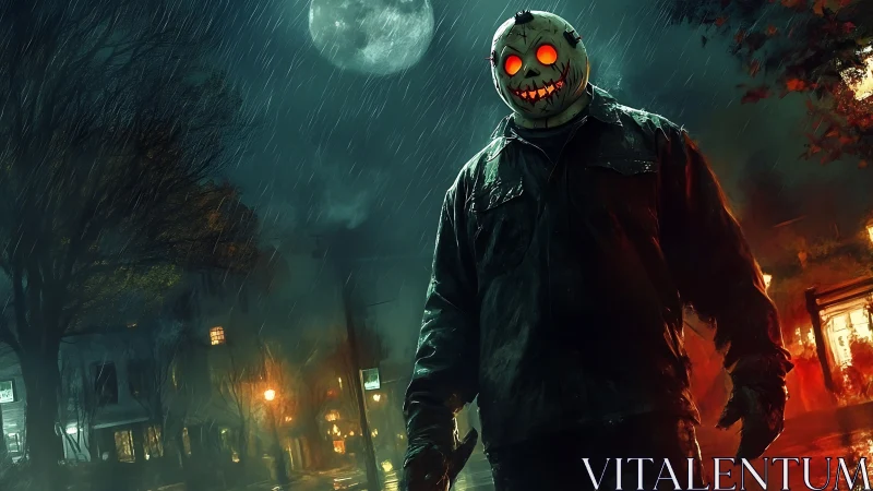 Masked slasher under moonlit rain with glowing red eyes