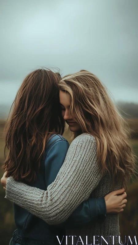 Two Friends Embracing in Nature's Gentle Light.