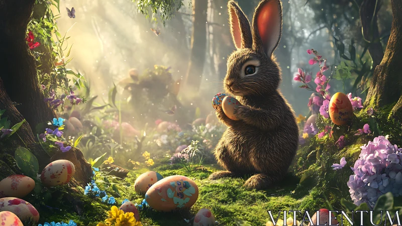Easter forest bunny with painted eggs in golden backlight.