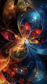 Cosmic flower unfurling in swirling, starry rainbow light.
