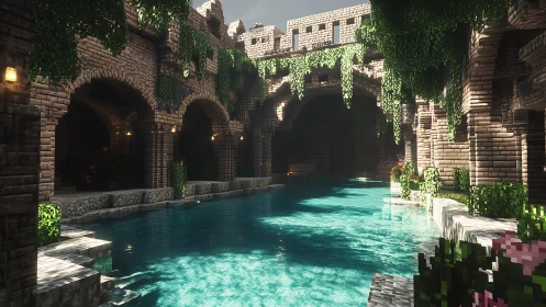 Voxel-lit aqueduct courtyard with reflective turquoise pool.