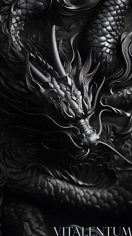 Midnight obsidian dragon coils through sculpted shadow.