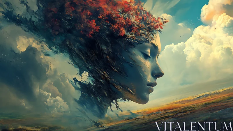 Colossal serene face merges with clouds above open landscape