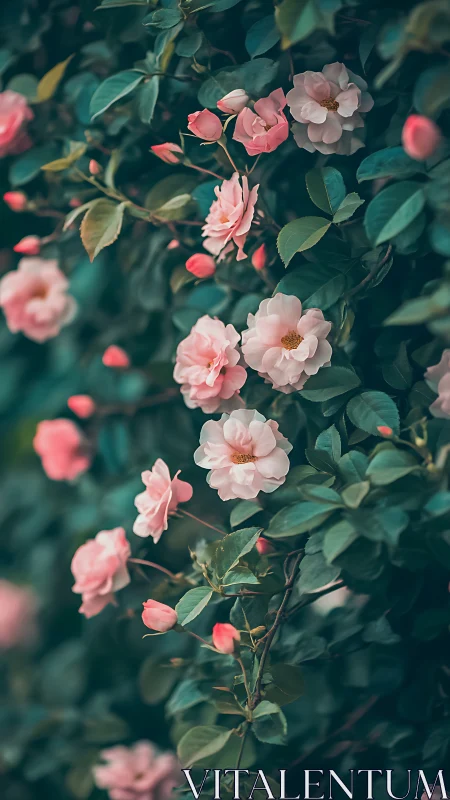 Cascade of Blush: Where Rose Buds Dream in Teal Reverie.