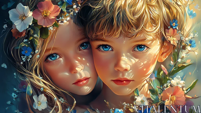 Twin Children Adorned with Golden Hair and Floral Arrangements.