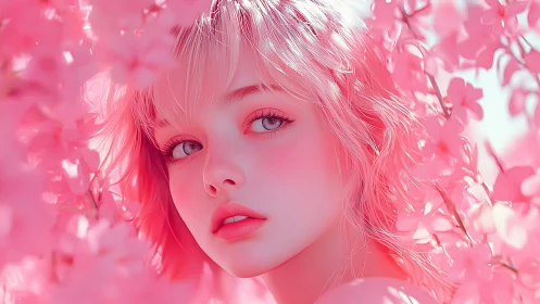 Soft pink daydream portrait surrounded by cherry blooms.