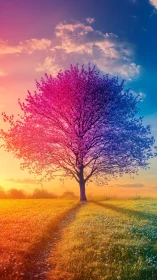 Chromatic blossom tree turns a quiet meadow into pure magic