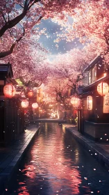 Cherry blossom canal street under lantern glow and soft bokeh lighting