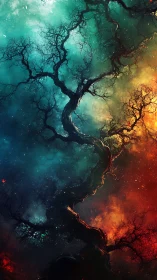 Starlit cosmic tree bridging vivid fire and cool nebula.