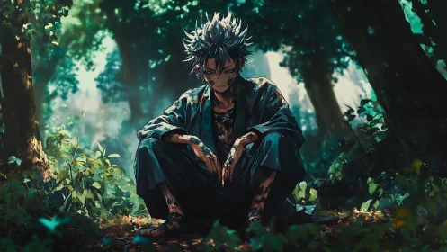 Brooding silver haired warrior resting alone in forest