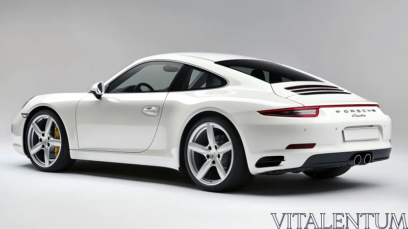 White rear three-quarter view coupe is parked on studio floor