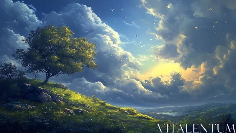 Sunlit hillside dreams beneath sweeping summer clouds.