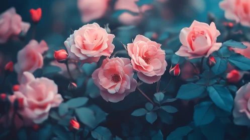 Luminous Pink Roses with Teal Foliage in Shallow Depth Field.