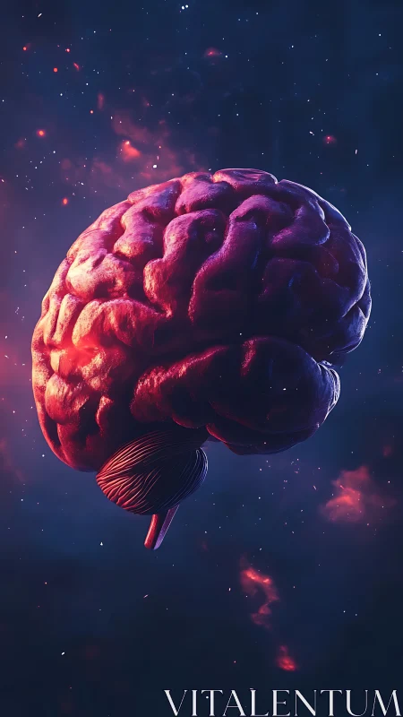 Luminous human brain model suspended in deep cosmic nebula