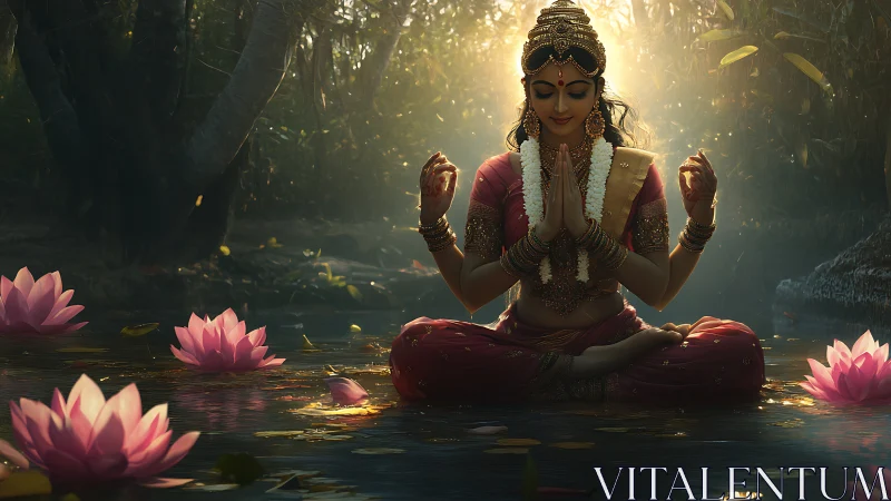 Four-armed woman meditating amid lotus flowers on water.