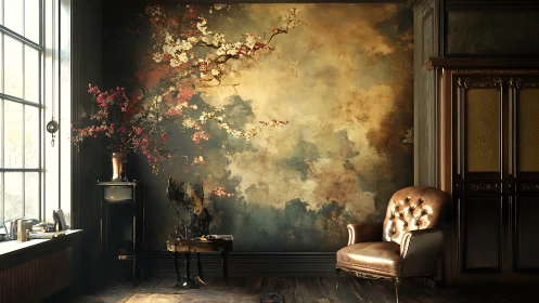 Sunlit leather armchair before mural of abstract flowering branches