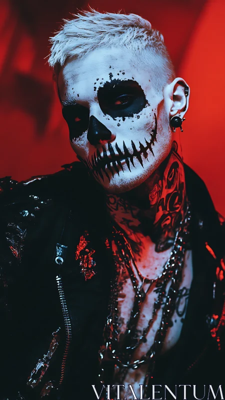 Portrait of skull makeup figure in red studio lighting.