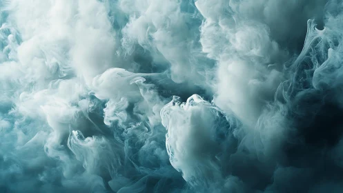 Ethereal swirling clouds of white smoke in abstract blue atmosphere.