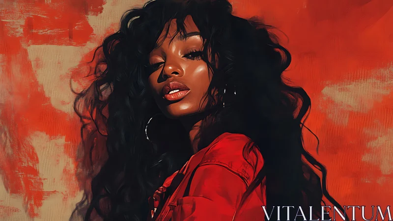 Radiant woman in red glowing against a bold painted backdrop.