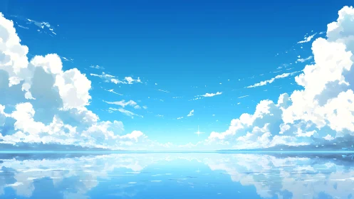 Endless blue horizon reflects towering summer clouds perfectly