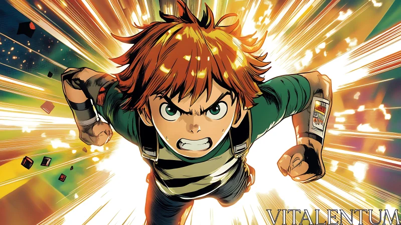 Anime boy charges forward through explosive light burst.