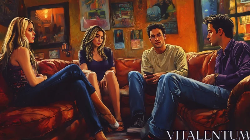 Cozy living room chat among friends on worn orange sofas.