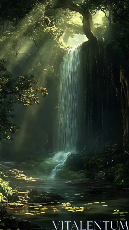 Luminous Forest Waterfall: Enchanted Cascade Through Ancient Woodland.