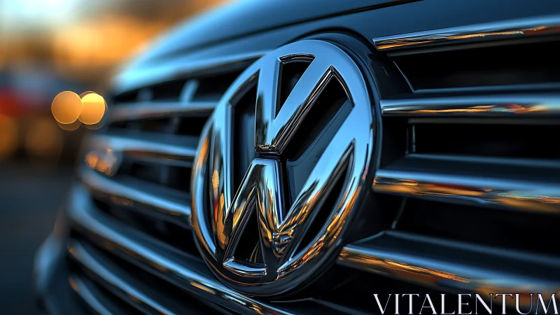 Highly polished automotive grille emblem under warm bokeh light