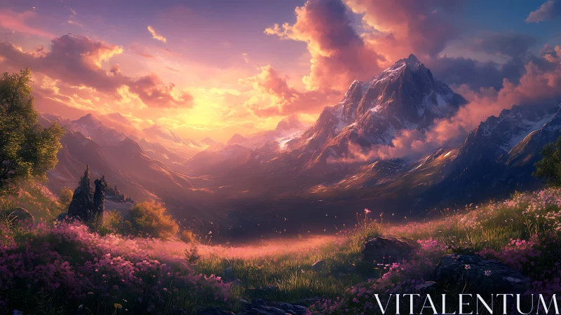 Sunlit alpine valley glows beneath towering snow peaks at dusk