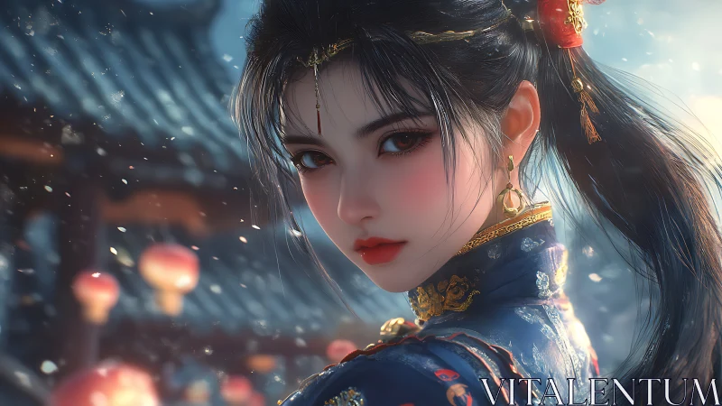 Snowlit lanterns echo in her crimson gaze tonight