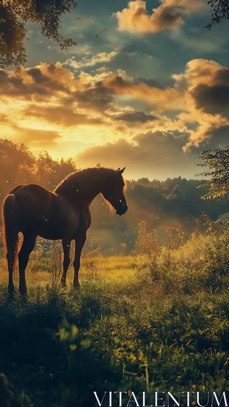 Horse stands in backlit meadow under dense evening clouds