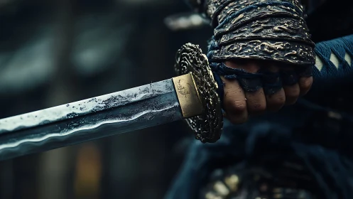 Weathered warrior’s katana held with quiet resolve.