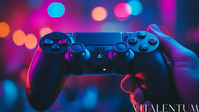 Gaming controller in hand under neon bokeh lighting backdrop.