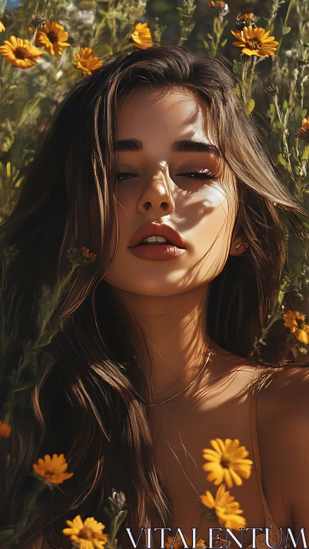 Sunlit portrait amid golden wildflowers in gentle bloom.
