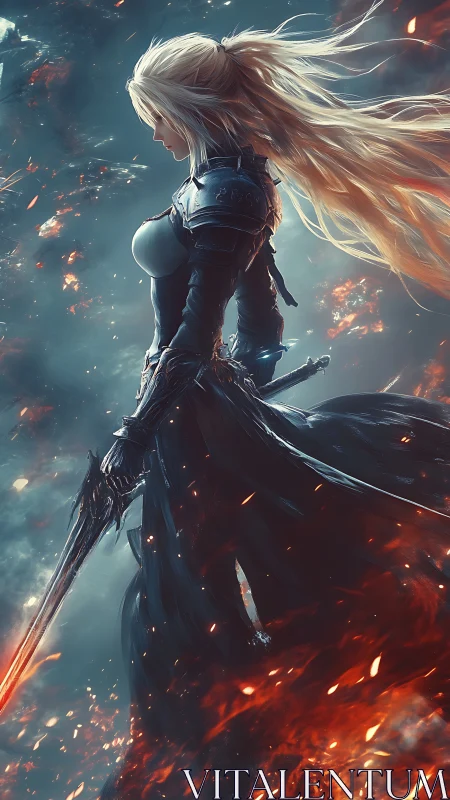 Digital painting of flame-lit armored warrior in profile stance.