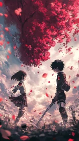 Standoff beneath crimson blossoms in windswept anime field.