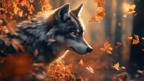 Golden forest wolf watching autumn leaves drift softly.