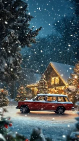 Vintage red wagon arrives at a glowing snowy cabin.