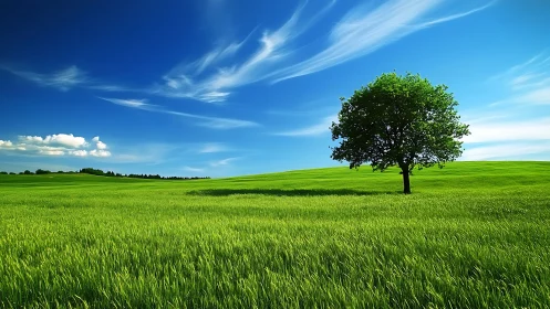 Solitary hilltop tree under sweeping cobalt summer sky.