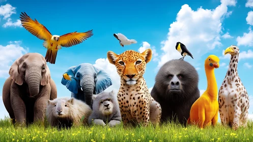 Colorful animal friends gathered under a bright blue sky.