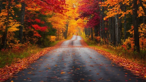 Golden autumn road winding through vivid forest corridor.