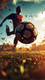 Dynamic low-angle soccer strike with autumn motion blur.