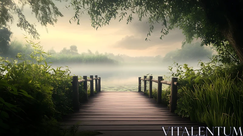 Digital painting of misty lakeside pier in lush woodland focus.