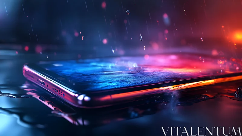 Iridescent smartphone under rain in neon reflections.
