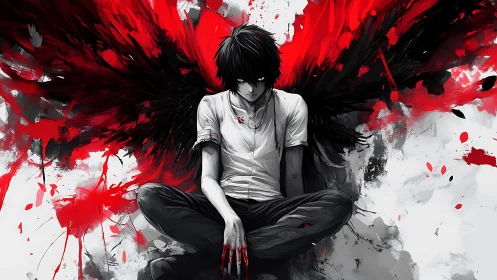 Brooding dark angel sits amid violent red wings.