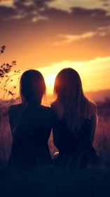 Sunset silhouettes of two girls in warm glowing fieldscape.